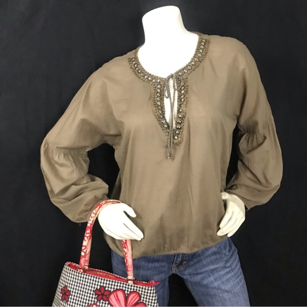 Michael Kors Olive Embellished Neckline Blouse PL Petite Large